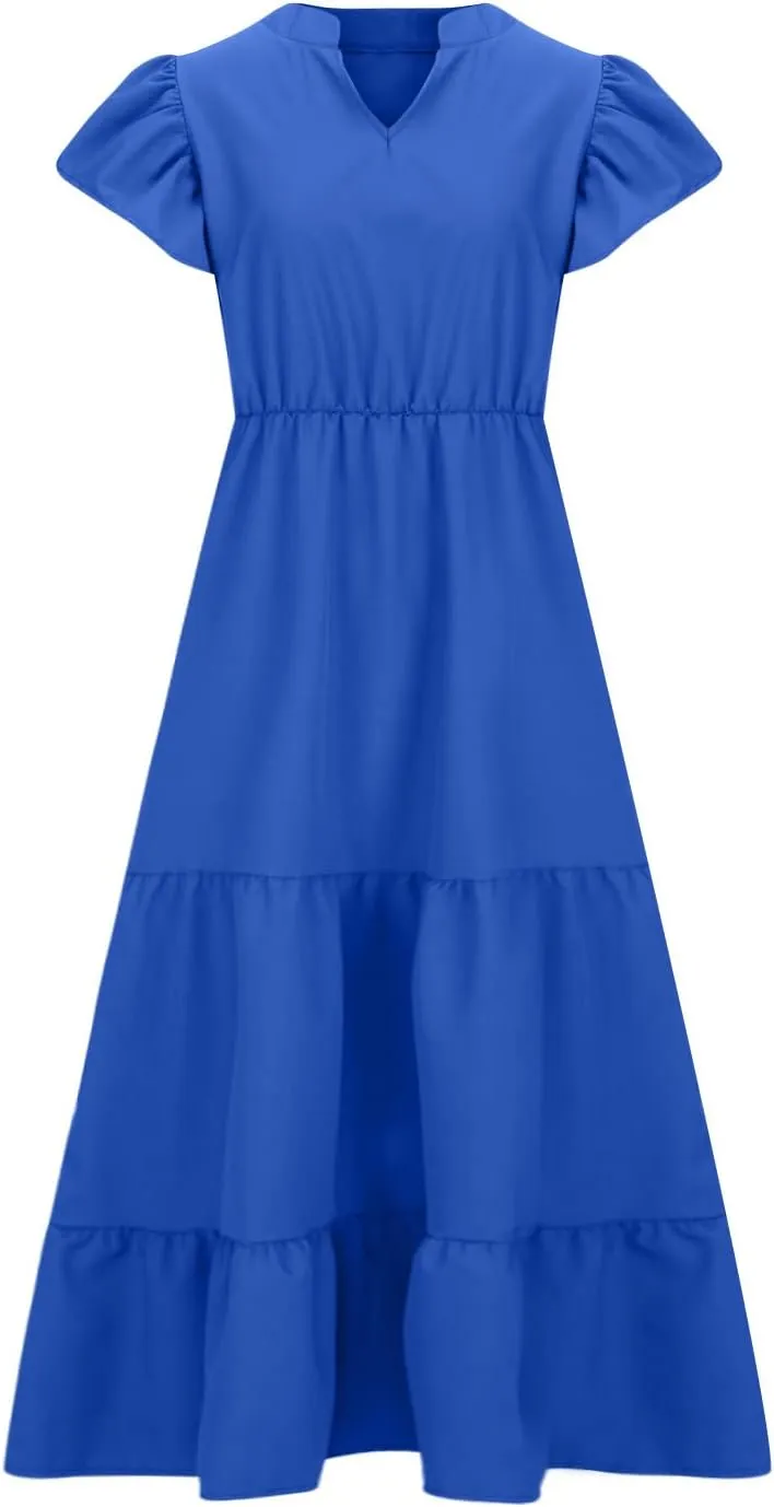 Plus Size Dress for Women V Neck Ruffle Short Sleeve Summer Casual Tiered Sundress Sleeveless with Pockets