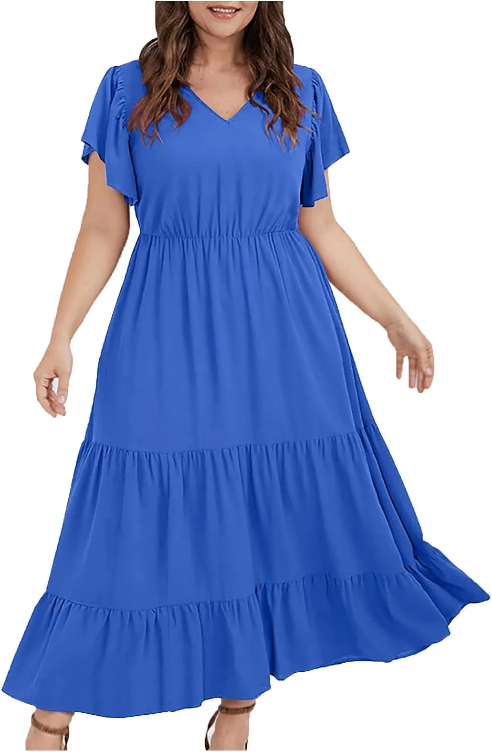 Plus Size Dress for Women V Neck Ruffle Short Sleeve Summer Casual Tiered Sundress Sleeveless with Pockets