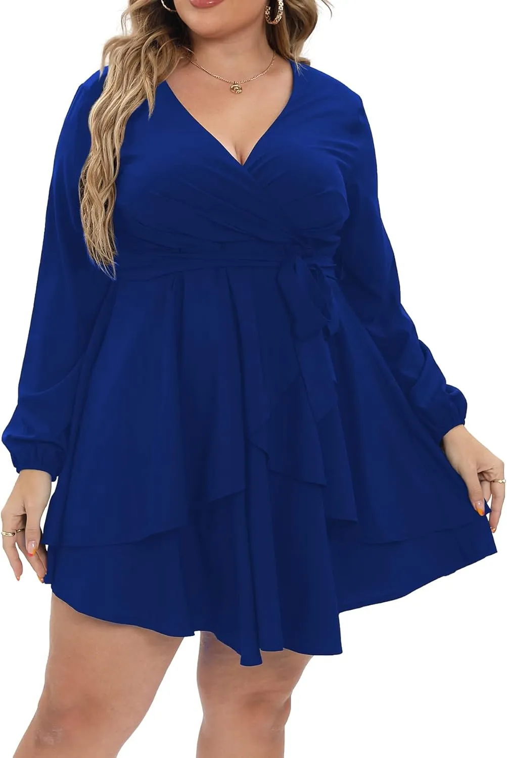 Plus Size Dress Women Sexy Casual Long Sleeve Ruffle Swing Wrap Mini Dresses