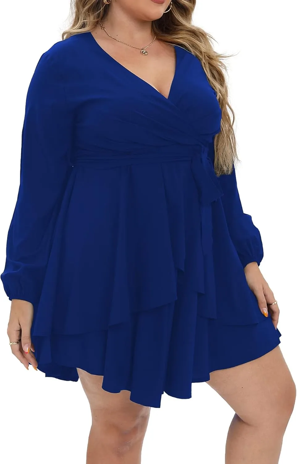 Plus Size Dress Women Sexy Casual Long Sleeve Ruffle Swing Wrap Mini Dresses
