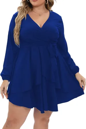 Plus Size Dress Women Sexy Casual Long Sleeve Ruffle Swing Wrap Mini Dresses