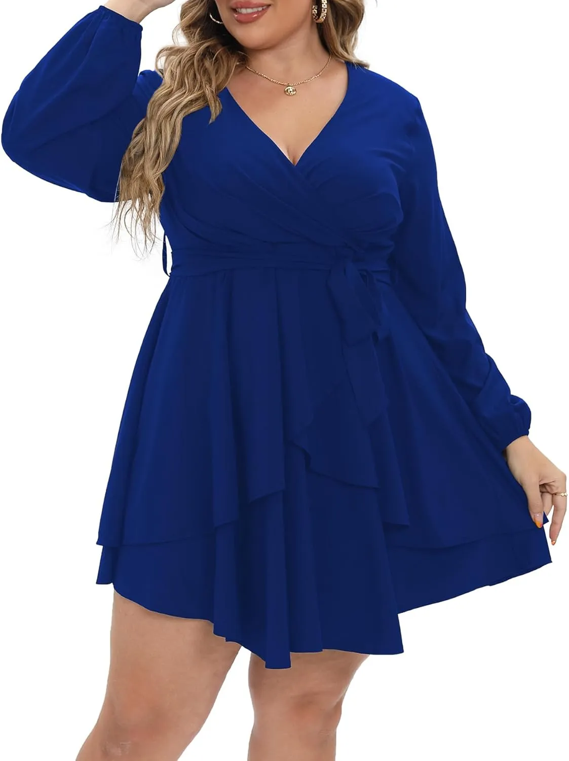 Plus Size Dress Women Sexy Casual Long Sleeve Ruffle Swing Wrap Mini Dresses