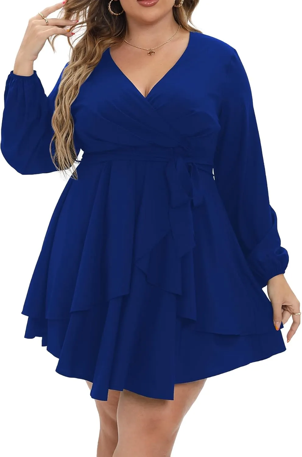 Plus Size Dress Women Sexy Casual Long Sleeve Ruffle Swing Wrap Mini Dresses