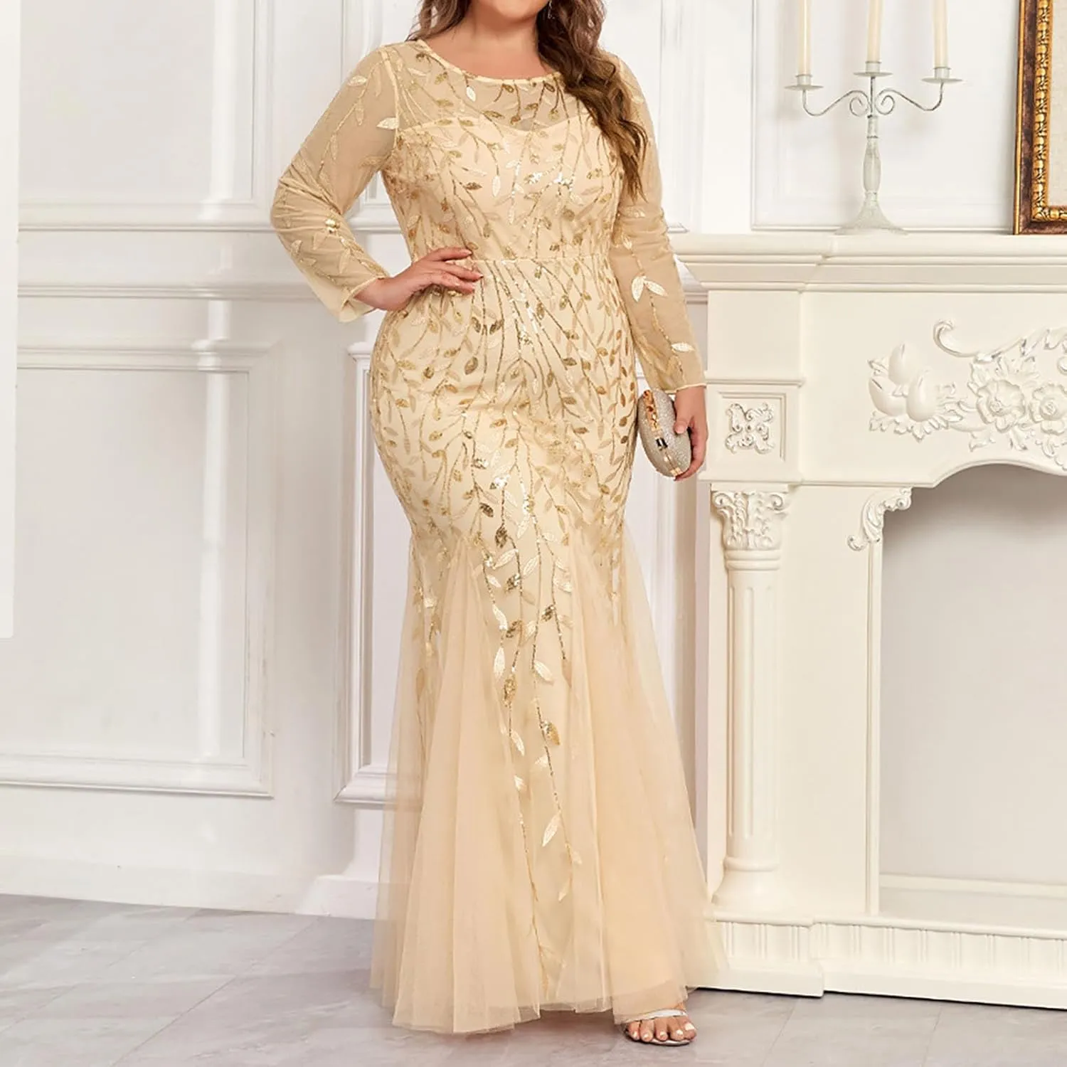 Plus Size Wedding Guest Dresses for Curvy Women Sequin Leaves Embroidery Mermaid Maxi Dress Evening Party Formal Dress