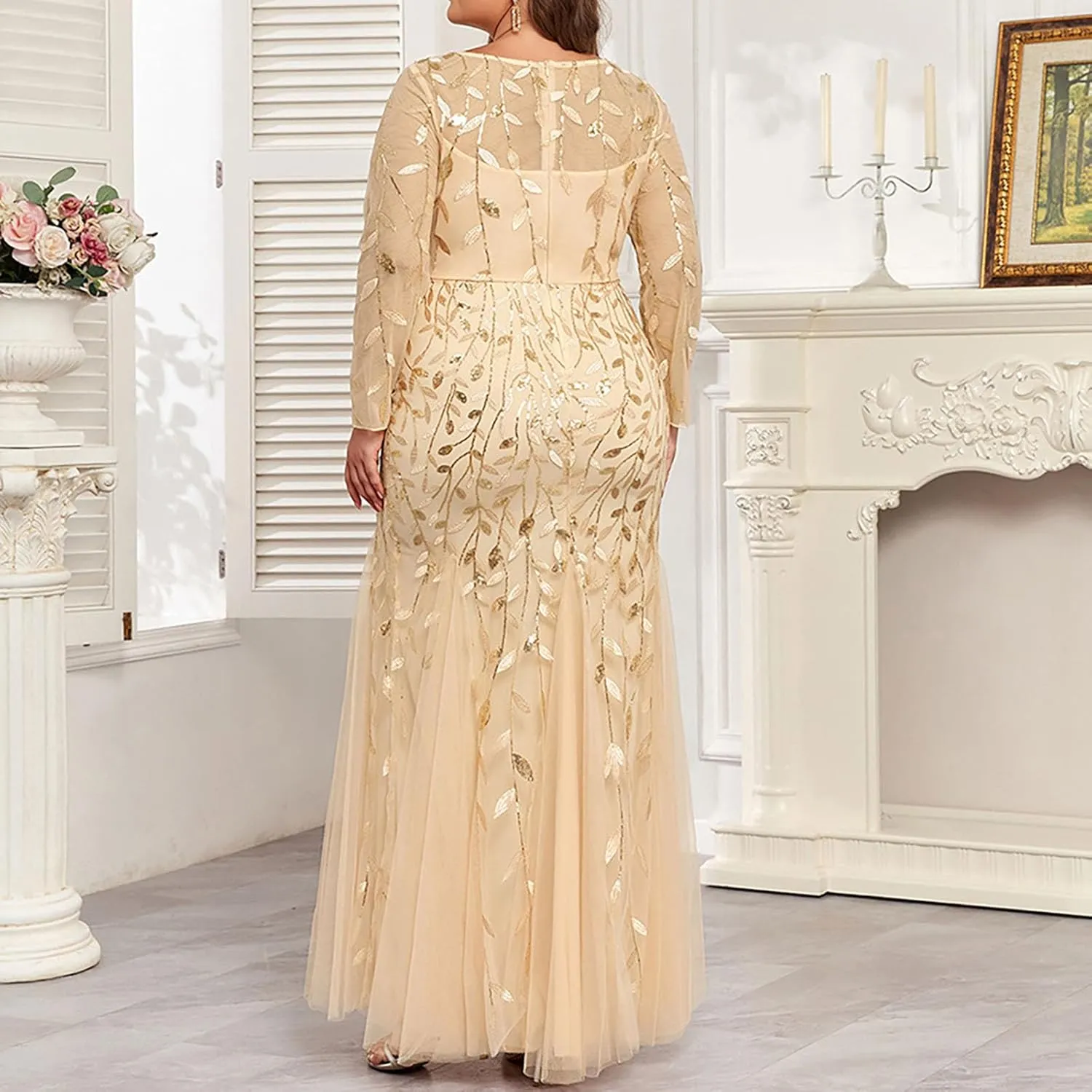 Plus Size Wedding Guest Dresses for Curvy Women Sequin Leaves Embroidery Mermaid Maxi Dress Evening Party Formal Dress