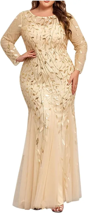 Plus Size Wedding Guest Dresses for Curvy Women Sequin Leaves Embroidery Mermaid Maxi Dress Evening Party Formal Dress