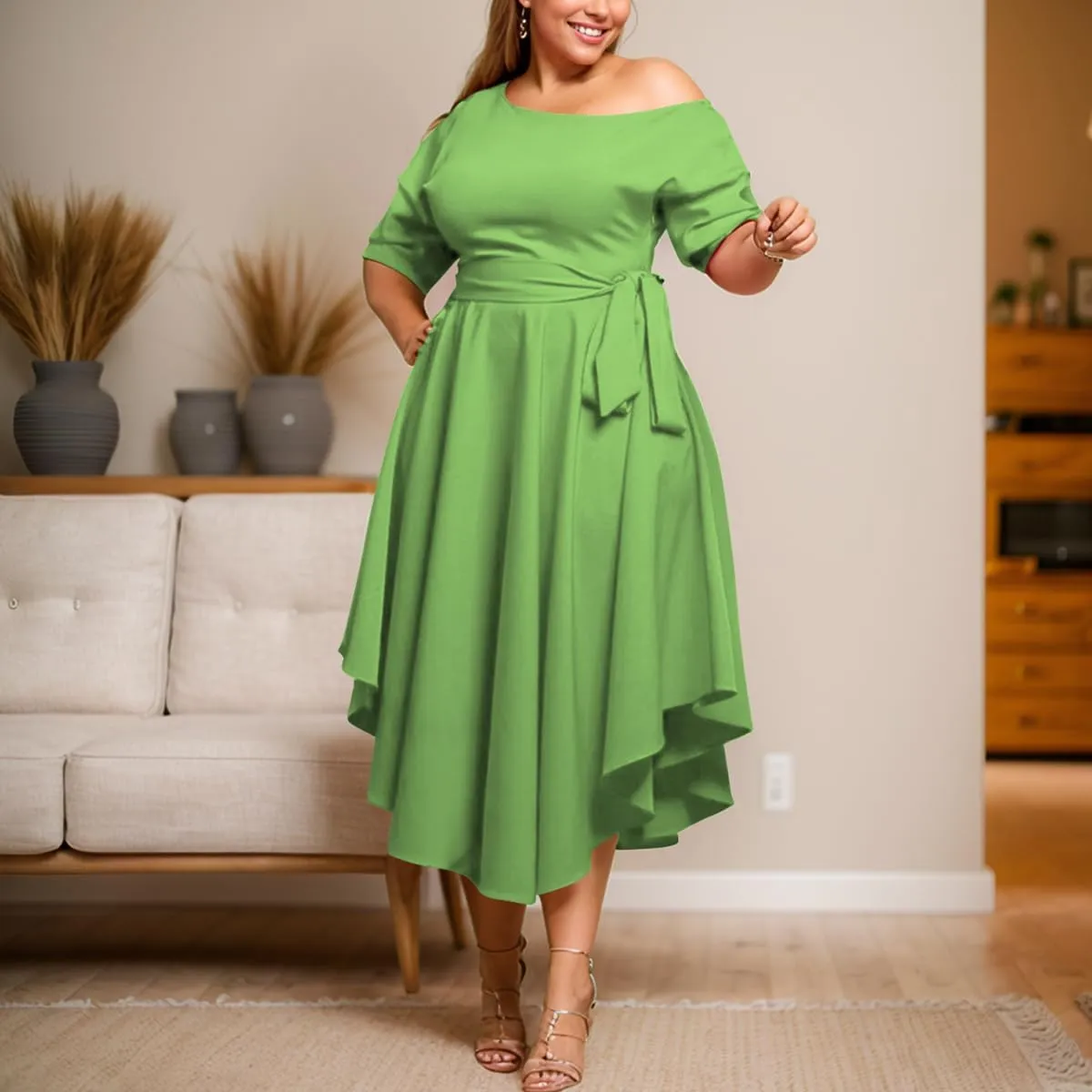Plus Size Women Wedding Guest Dress Off Shoulder Boat Neck Irregularly Flowy Midi Church Dress