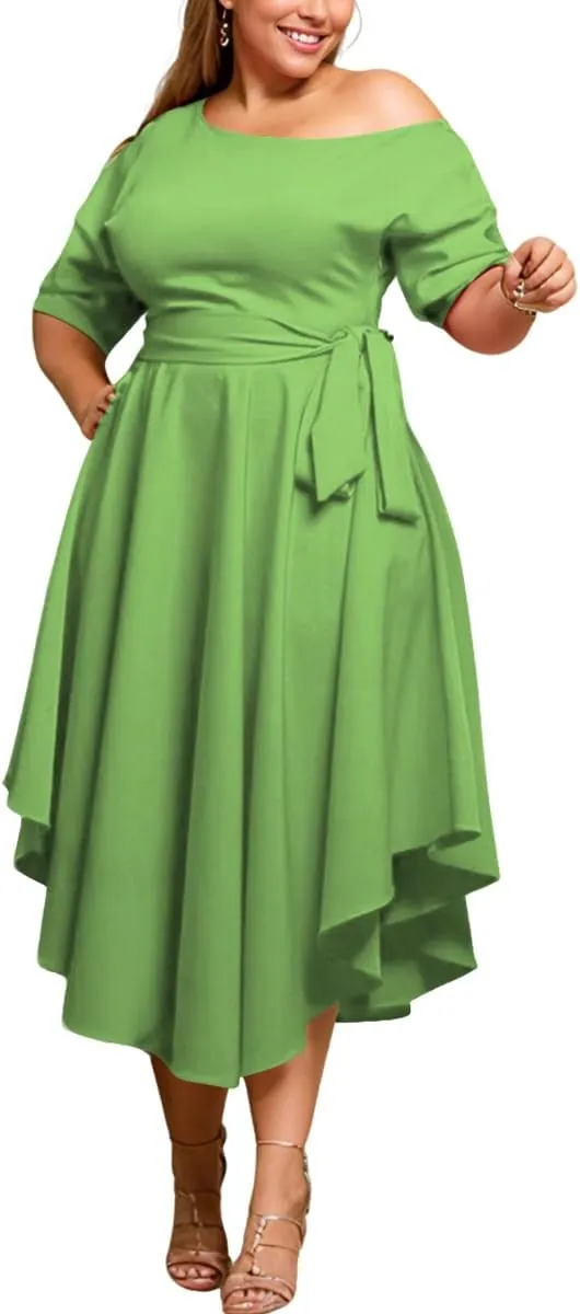 Plus Size Women Wedding Guest Dress Off Shoulder Boat Neck Irregularly Flowy Midi Church Dress