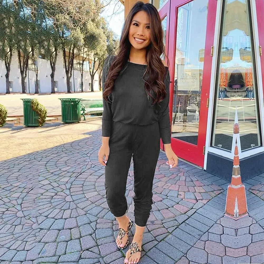 PRETTYGARDEN Women's Casual Long Sleeve Jumpsuit Crewneck Off Shoulder Elastic Waist Stretchy Romper
