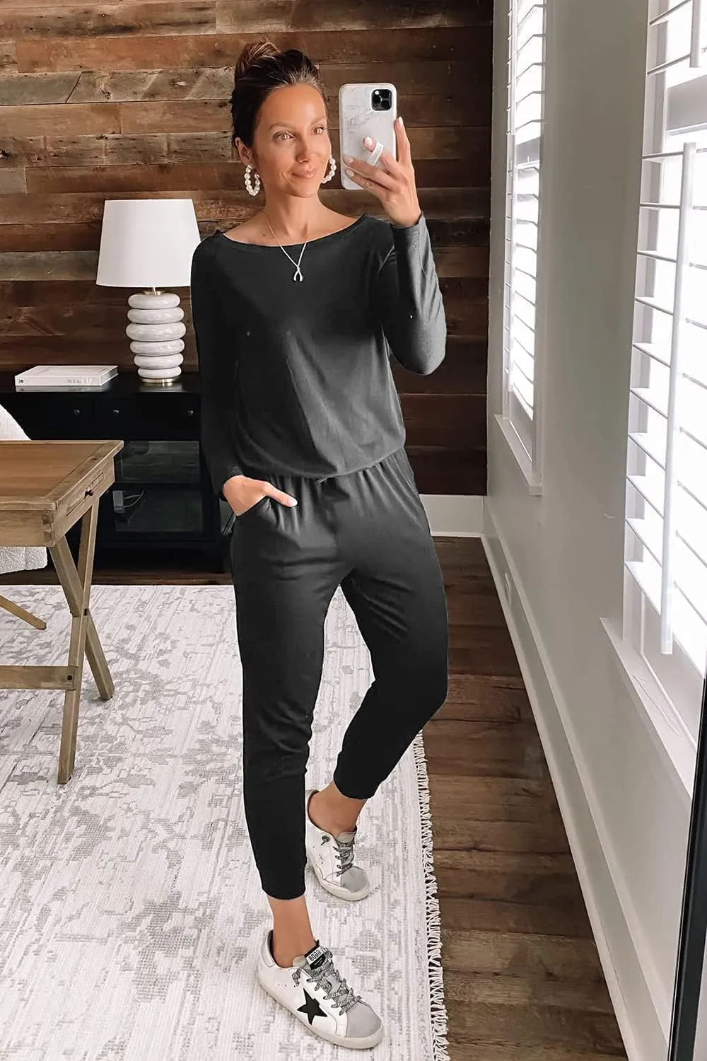 PRETTYGARDEN Women's Casual Long Sleeve Jumpsuit Crewneck Off Shoulder Elastic Waist Stretchy Romper