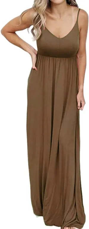 PRIMODA Women's Summer Casual Sleeveless V Neck Adjustable Spaghetti Strap Maxi Long Dress