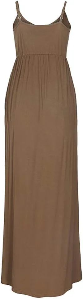 PRIMODA Women's Summer Casual Sleeveless V Neck Adjustable Spaghetti Strap Maxi Long Dress