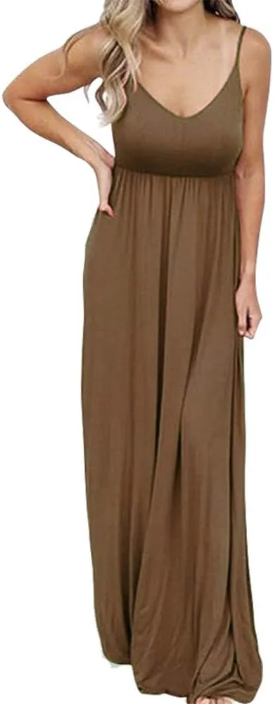 PRIMODA Women's Summer Casual Sleeveless V Neck Adjustable Spaghetti Strap Maxi Long Dress