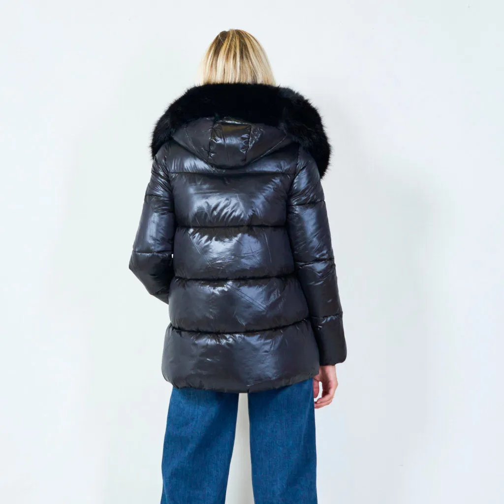 Puffer jacket with faux fur hood wholesale