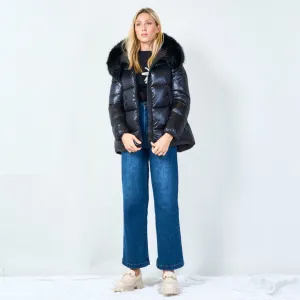 Puffer jacket with faux fur hood wholesale
