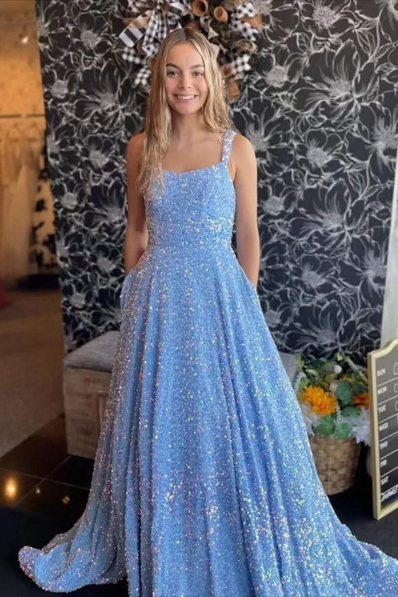 Raseal A Line Square Neck Sequins Prom Dress Sparkly Spaghetti Straps Long Ball Gowns with Pockets RS025