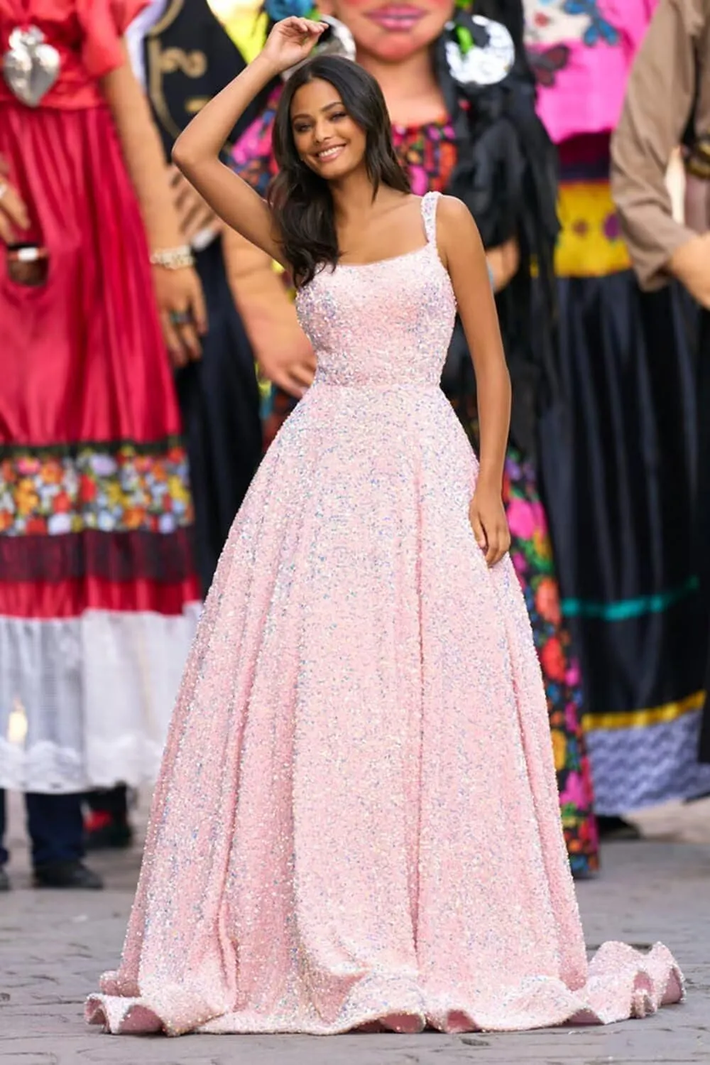 Raseal A Line Square Neck Sequins Prom Dress Sparkly Spaghetti Straps Long Ball Gowns with Pockets RS025