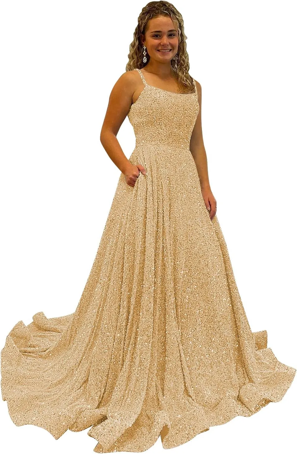Raseal A Line Square Neck Sequins Prom Dress Sparkly Spaghetti Straps Long Ball Gowns with Pockets RS025
