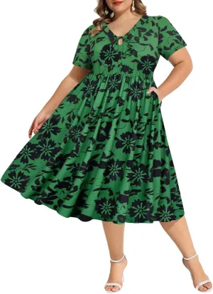 RITERA Plus Size Dresses for Curvy Women Short Sleeve V Neck Summer Dress Floral/Solid Midi Sundress with Pockets XL-5XL