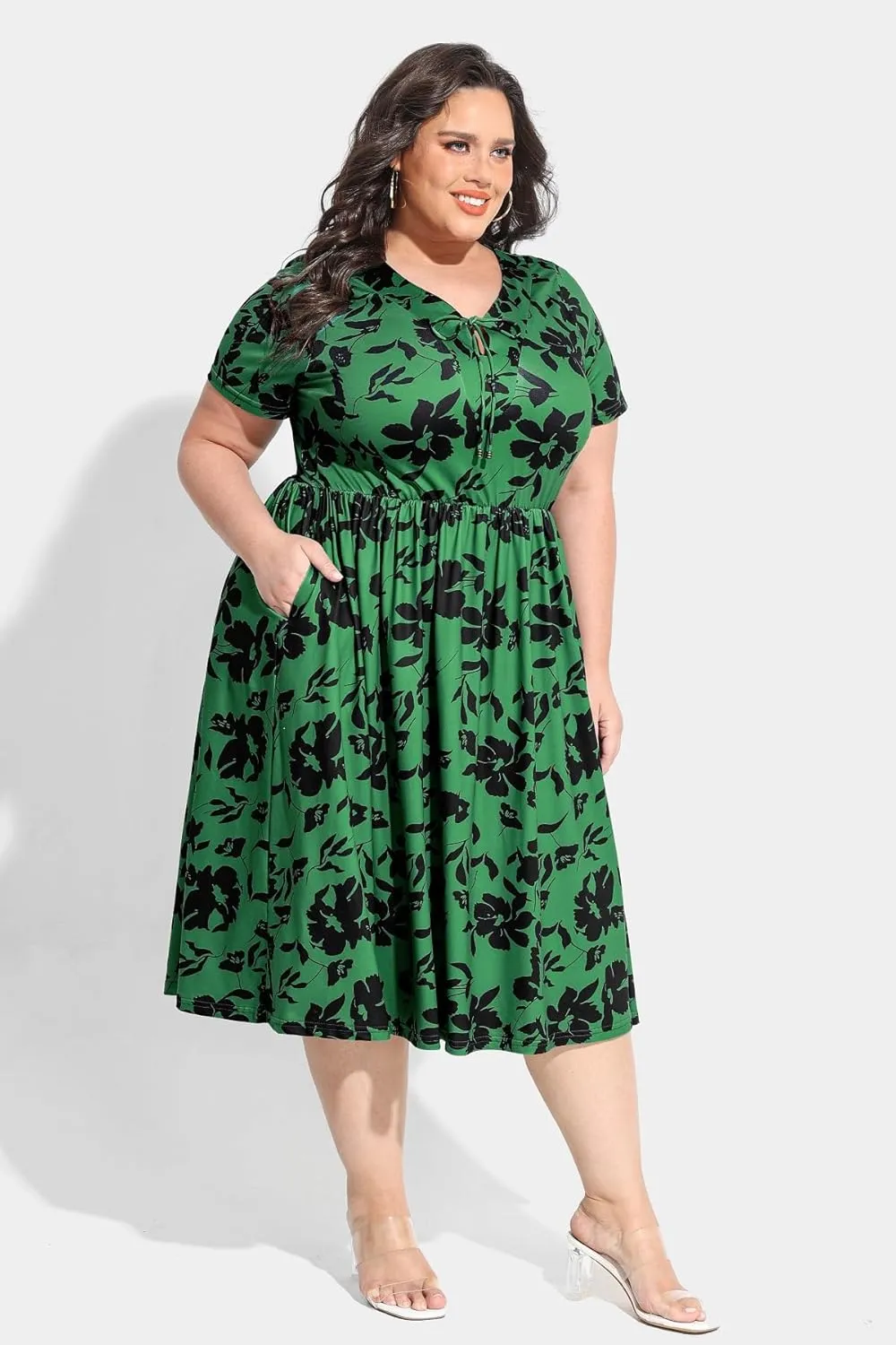 RITERA Plus Size Dresses for Curvy Women Short Sleeve V Neck Summer Dress Floral/Solid Midi Sundress with Pockets XL-5XL
