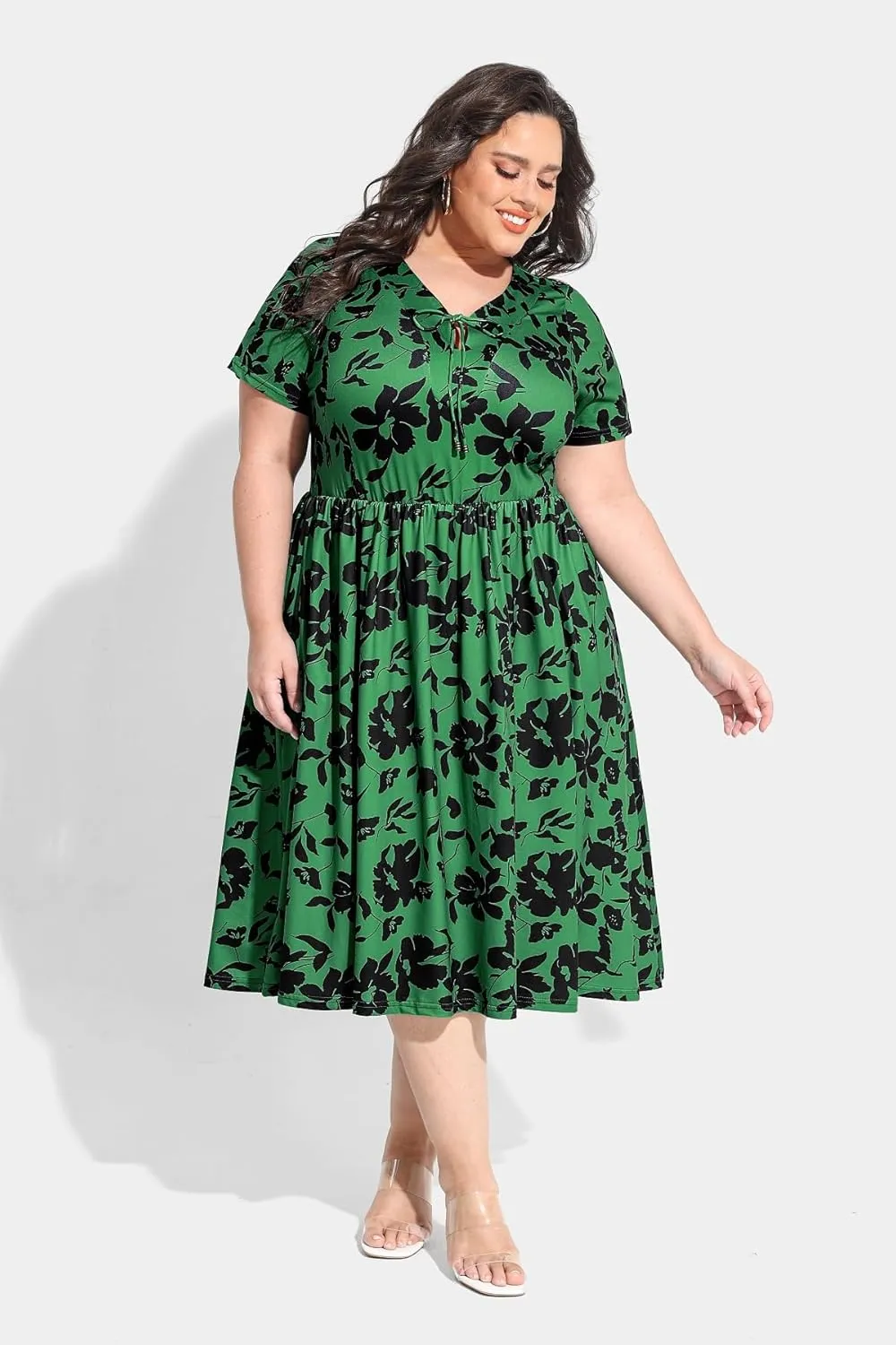 RITERA Plus Size Dresses for Curvy Women Short Sleeve V Neck Summer Dress Floral/Solid Midi Sundress with Pockets XL-5XL