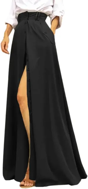 Rooscier Women's Split High Waist Flared A Line Button Down Vintage Pockets Maxi Skirt Solid Black Large