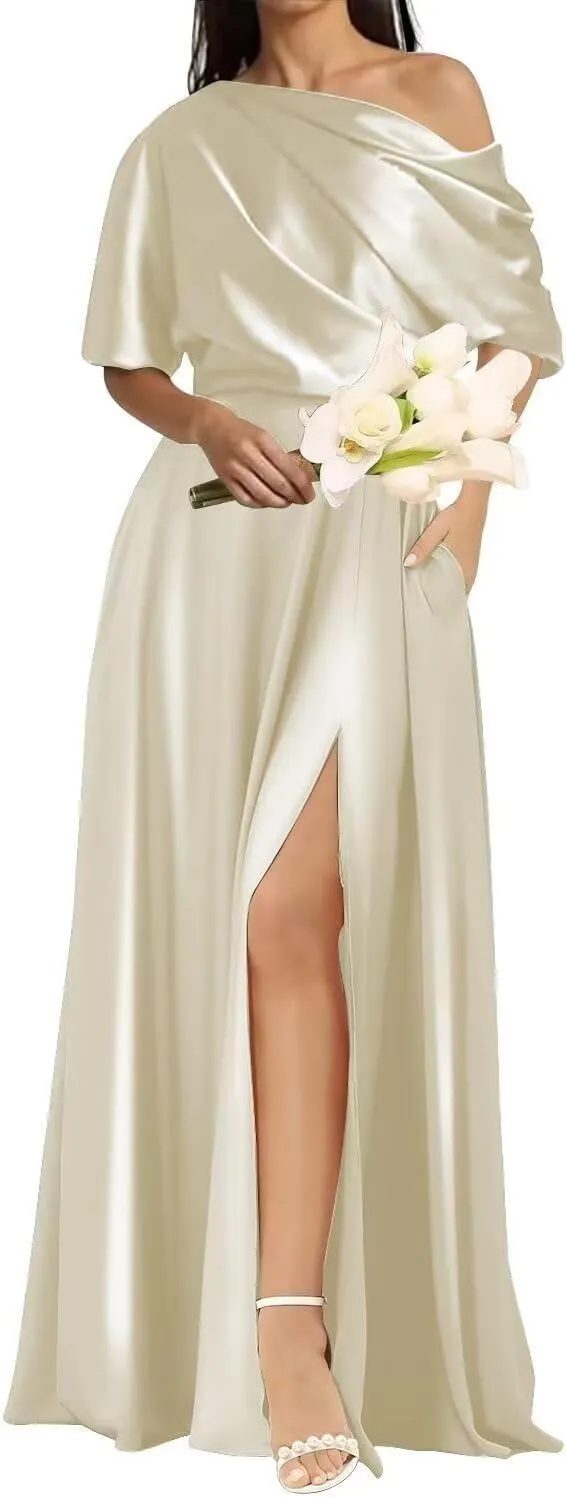 Satin Mother of The Bride Dresses for Wedding One Shoulder Formal Dresses with Sleeves