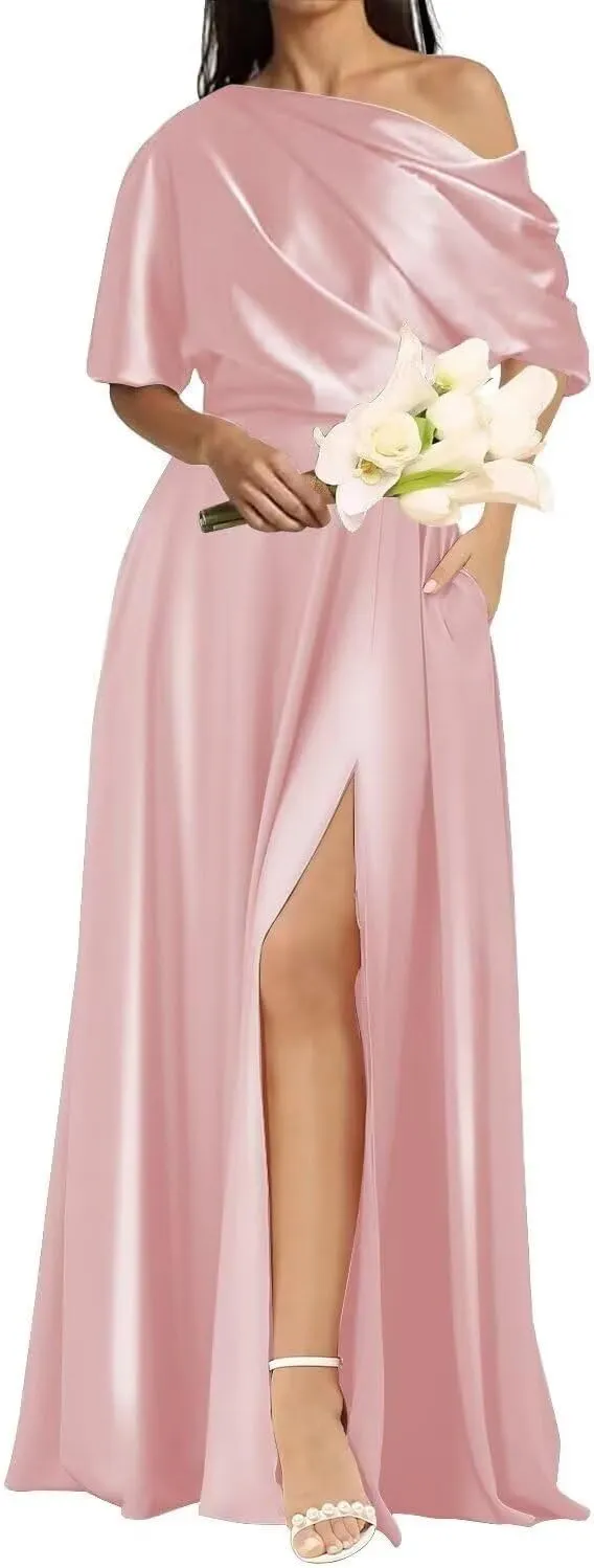 Satin Mother of The Bride Dresses for Wedding One Shoulder Formal Dresses with Sleeves