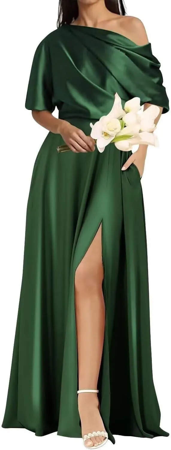 Satin Mother of The Bride Dresses for Wedding One Shoulder Formal Dresses with Sleeves