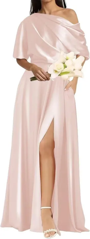 Satin Mother of The Bride Dresses for Wedding One Shoulder Formal Dresses with Sleeves