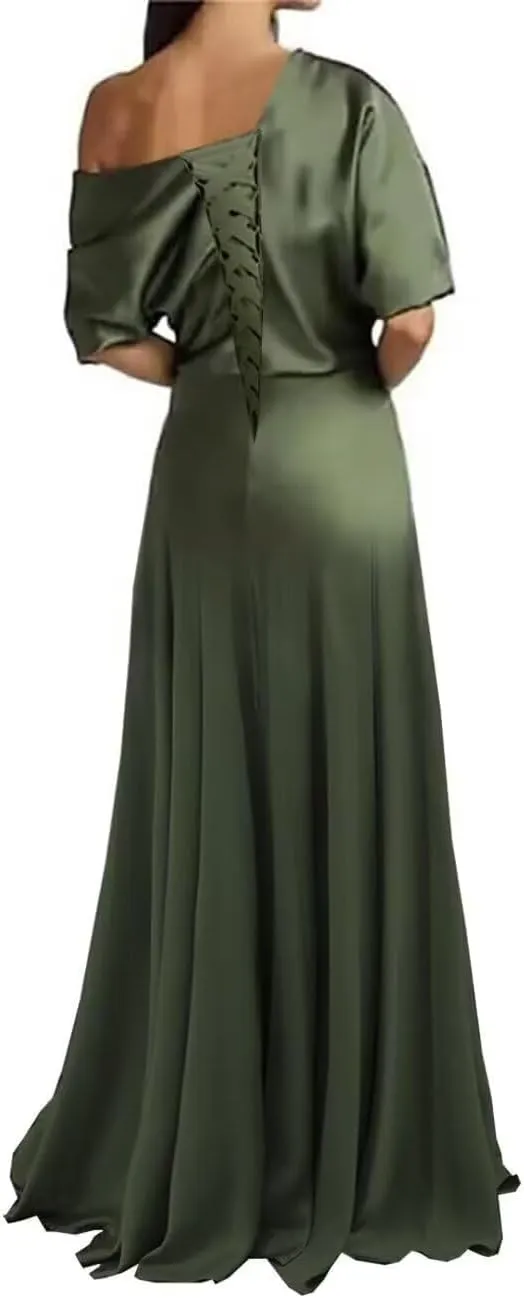Satin Mother of The Bride Dresses for Wedding One Shoulder Formal Dresses with Sleeves
