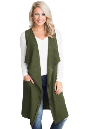 Sexy Army Green Pocket Long Cardigan Vest