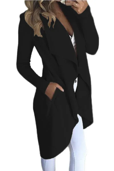Sexy Black Lapel Collar Irregular Hem Knit Trench Coat