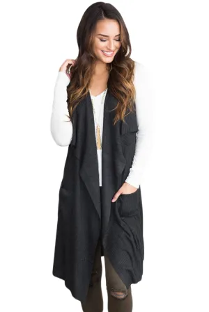 Sexy Black Pocket Long Cardigan Vest