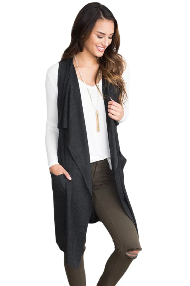Sexy Black Pocket Long Cardigan Vest
