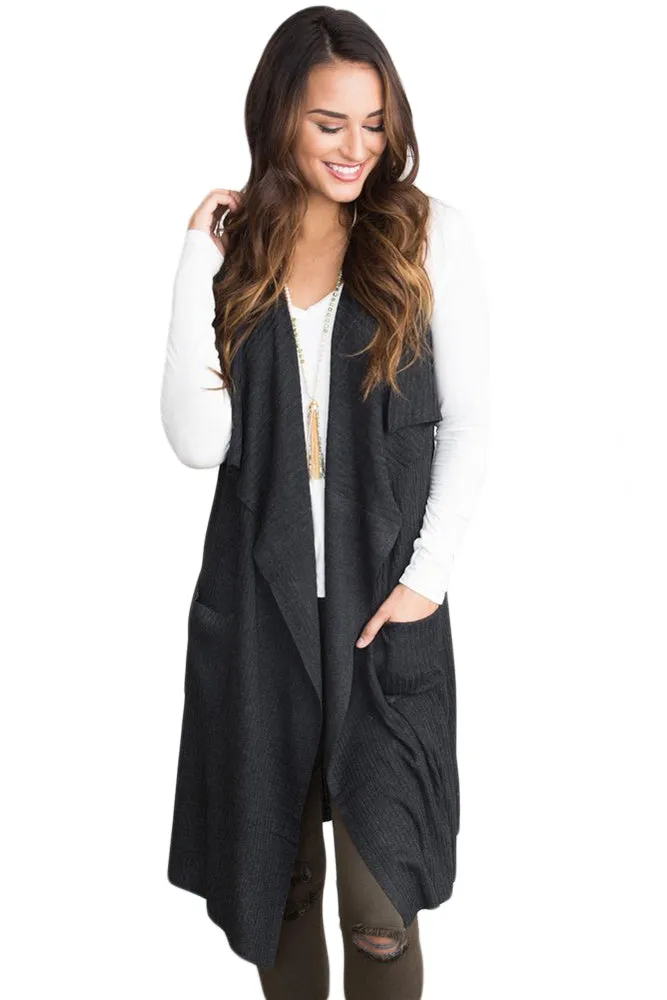 Sexy Black Pocket Long Cardigan Vest