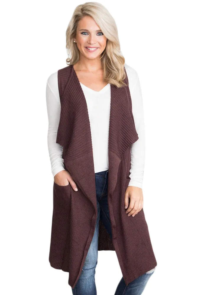 Sexy Coffee Pocket Long Cardigan Vest