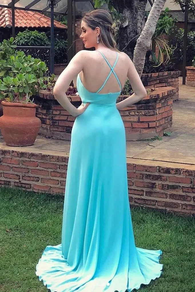 Sexy Spaghetti Strap Side Slit Long Evening Dresses Flowy Long Prom Dresses WK893