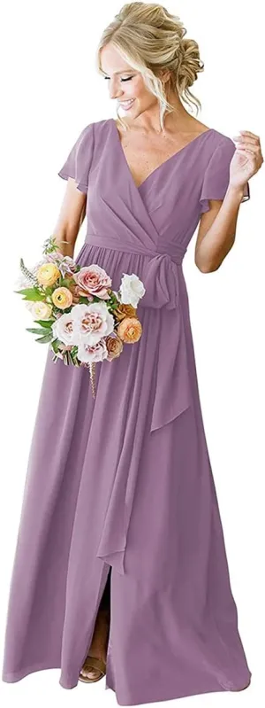 Short Sleeve Dusty Purple Bridesmaid Dresses Long for Women with Pockets Chiffon Pleated Formal Evening Dresses Size 16