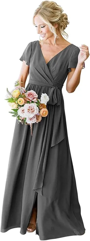 Short Sleeve Grey Bridesmaid Dresses for Women with Pockets Long Slit Chiffon Formal Pleated Evening Dress Size 6