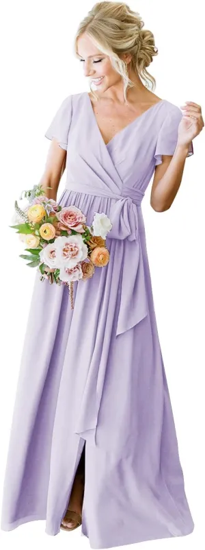 Short Sleeve Lilac Bridesmaid Dresses for Women with Pockets Long Slit Chiffon Formal Pleated Evening Dress Size 6