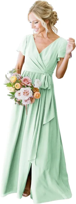 Short Sleeve Mint Green Bridesmaid Dresses Long for Women with Pockets Chiffon Pleated Formal Evening Dresses Size 16