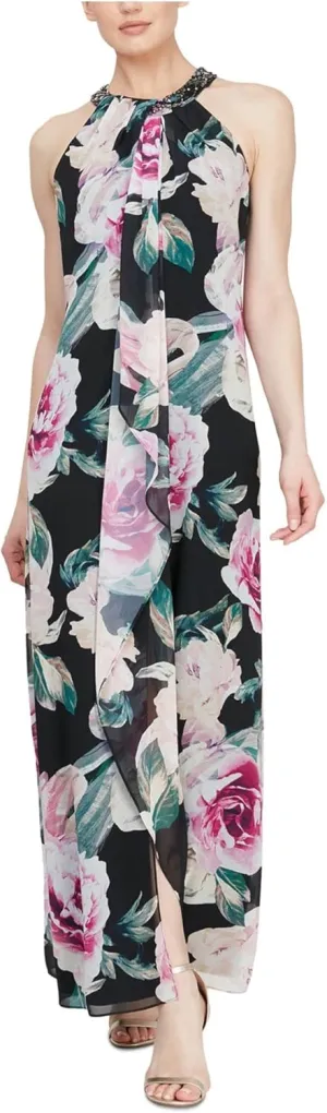 S.L. Fashions Women's Long Maxi Chiffon Gown with Jewel Halter Neck Dress
