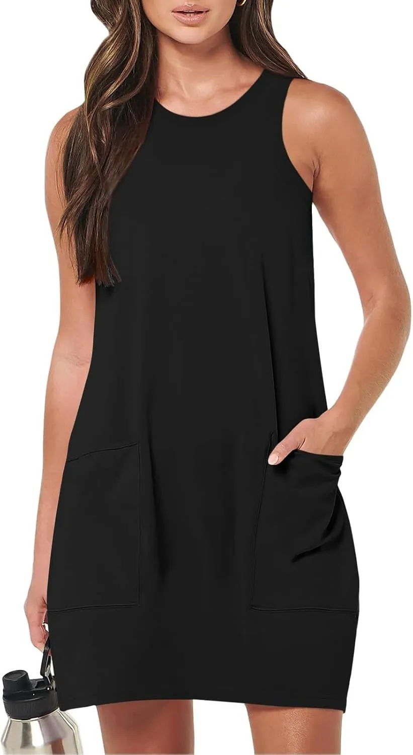 Sleeveless Tshirt Dress Women Summer Casual Crew Neck Sleeveless Sundress Loose Knee Length Beach Sun Dress with Pockets