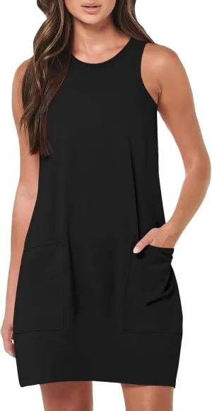 Sleeveless Tshirt Dress Women Summer Casual Crew Neck Sleeveless Sundress Loose Knee Length Beach Sun Dress with Pockets
