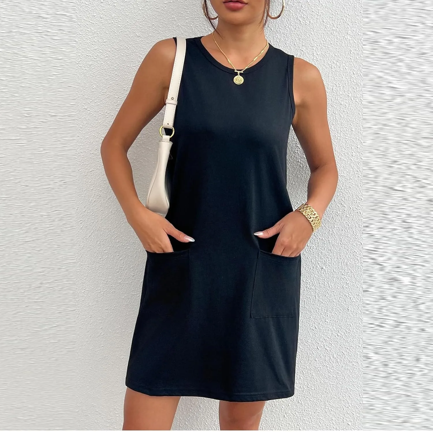 Sleeveless Tshirt Dress Women Summer Casual Crew Neck Sleeveless Sundress Loose Knee Length Beach Sun Dress with Pockets