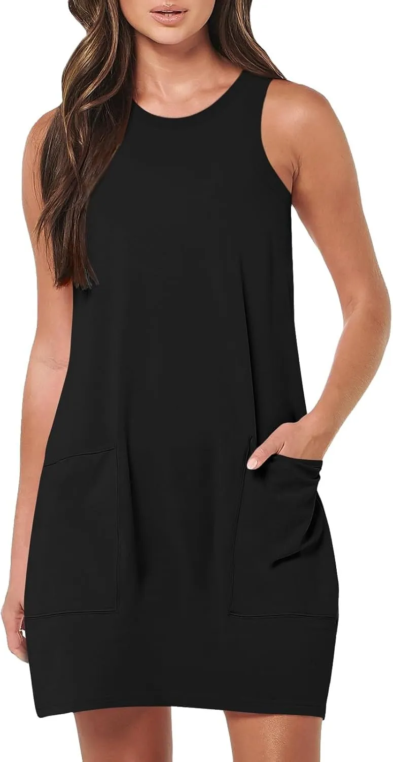 Sleeveless Tshirt Dress Women Summer Casual Crew Neck Sleeveless Sundress Loose Knee Length Beach Sun Dress with Pockets