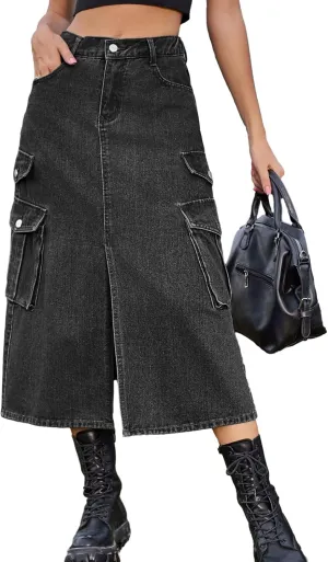 Slit Front Midi Denim Skirt with Pockets, Women's Casual Stretch High Waisted Slim Fit A Line Long Cargo Jean Skirt