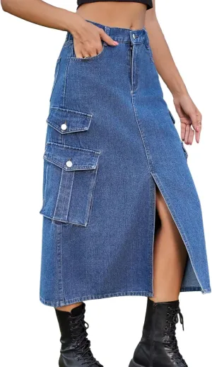 Slit Front Midi Denim Skirt with Pockets, Women's Casual Stretch High Waisted Slim Fit A Line Long Cargo Jean Skirt