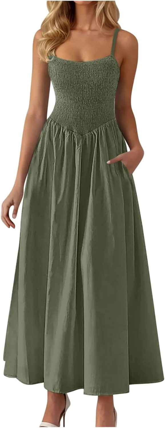 Smocked Maxi Dresses for Women Summer Beach Sundress Casual Spaghetti Strap Flowy A Line Swing Long Dress with Pockets